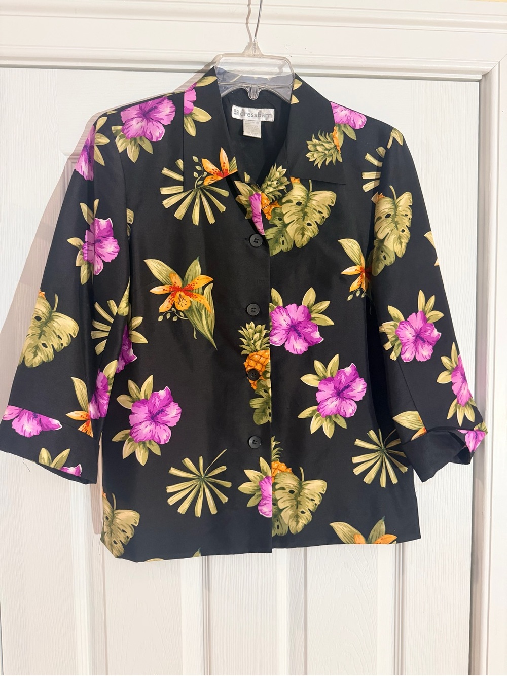 Ladies Size 6 "dressbarn" 100% SILK Black Floral Button-Front Blazer Shirt GUC